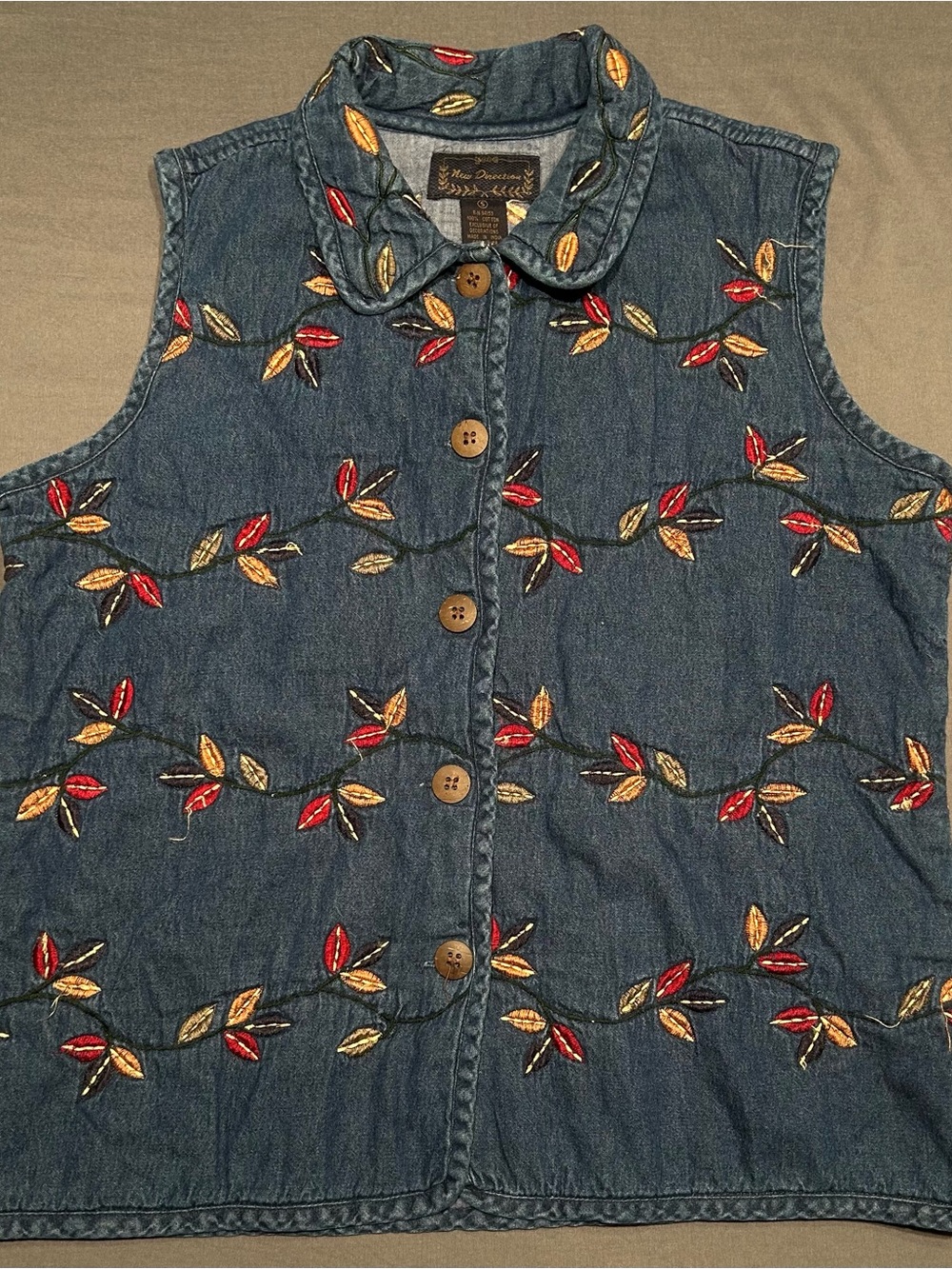 Vintage 90s New Direction Leaf Embroidered Denim Vest